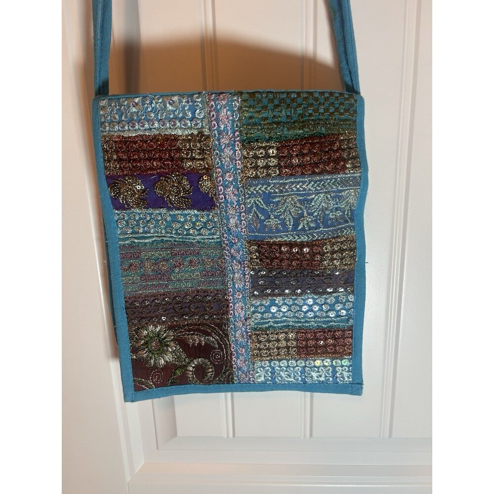 Vintage Boho Patchwork Sequin Crossbody Bag Blue Cotton India Festival Purse - Picture 3 of 12